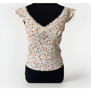 Milkmaid Top Size Medium Stitch &‎ Pine Floral Babydoll Floral Lace Bow Cottage